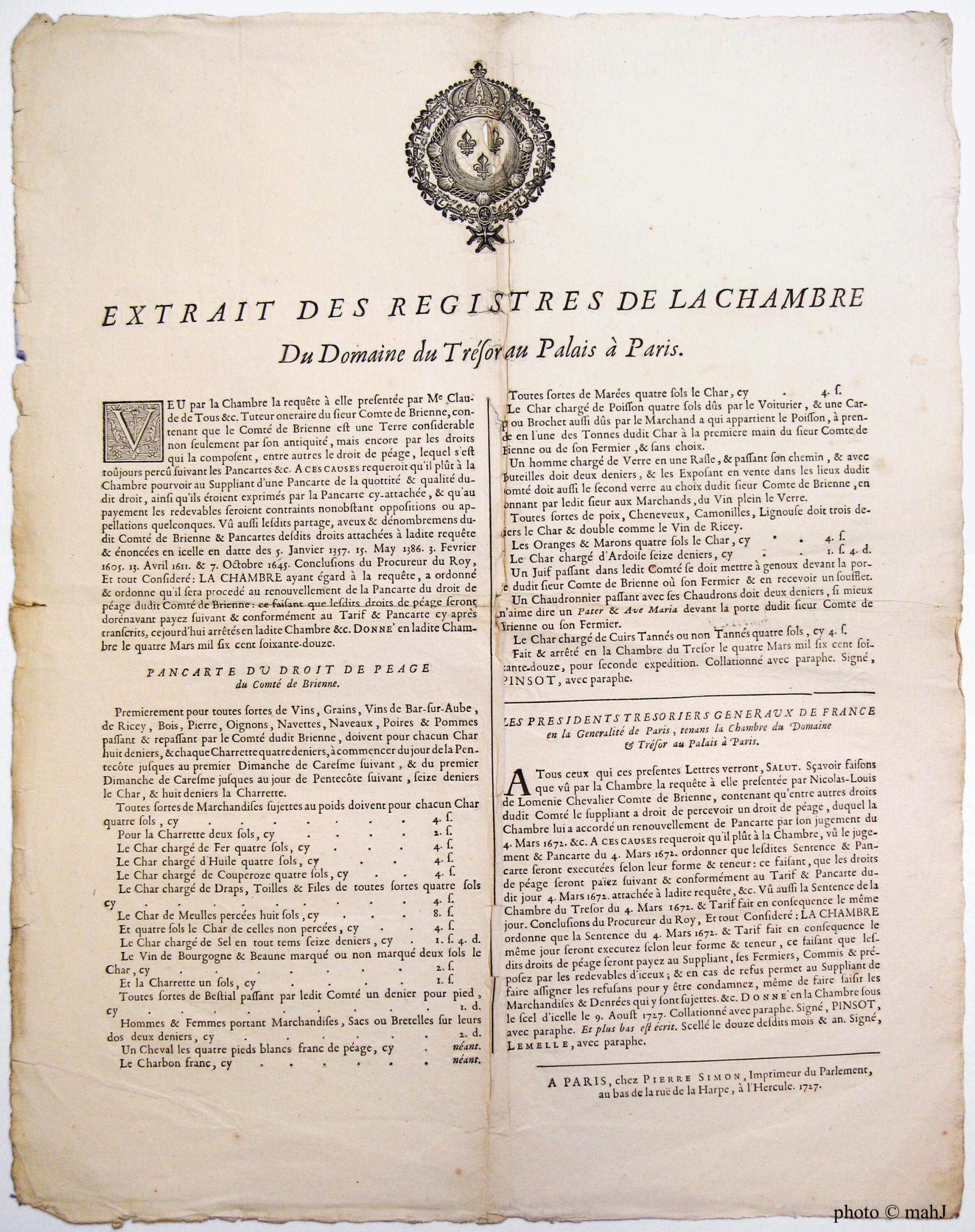 Extrait des registres du domaine de la chambre du Trésor au Palais à Paris portant sur le tarif de péage corporel et droits de péage du comté de Brienne en 1727