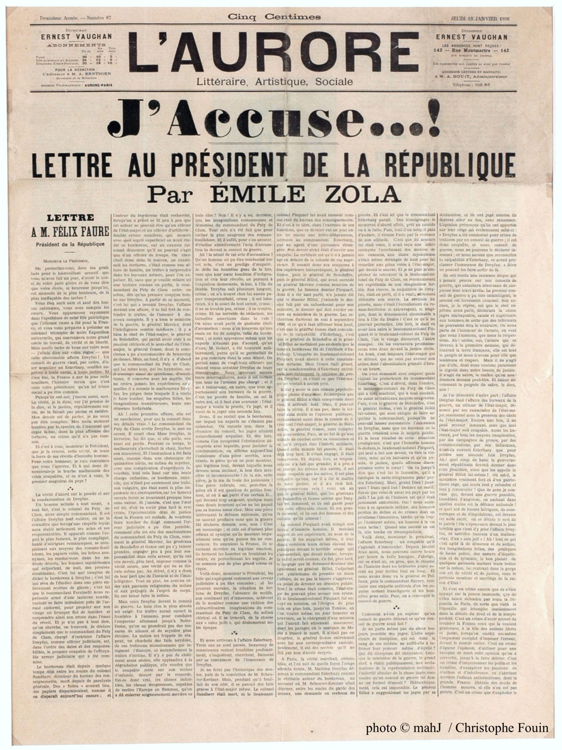 J’Accuse…! d’Emile Zola (1840 – 1902) dans L’Aurore du 13 janvier 1898