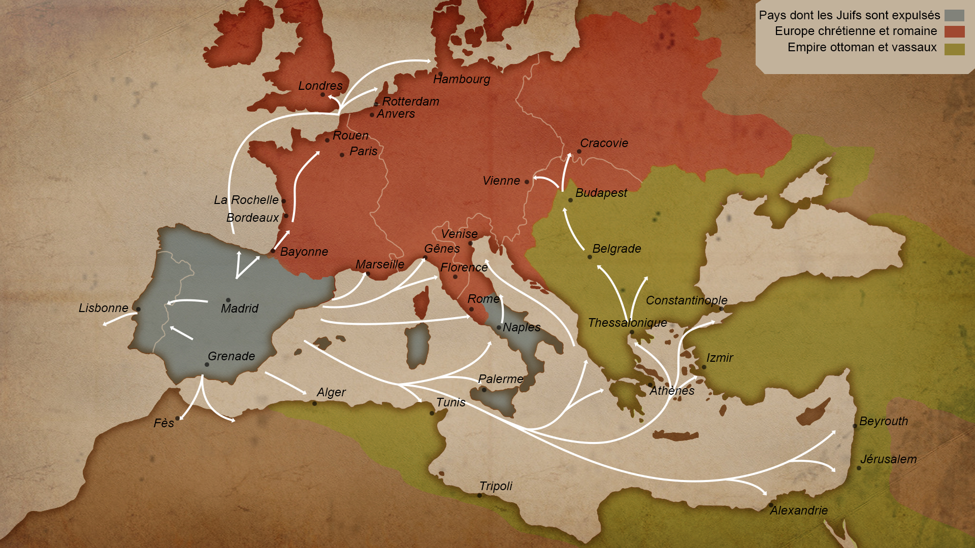 Carte – Destinations des Juifs expulsés d’Espagne après 1492