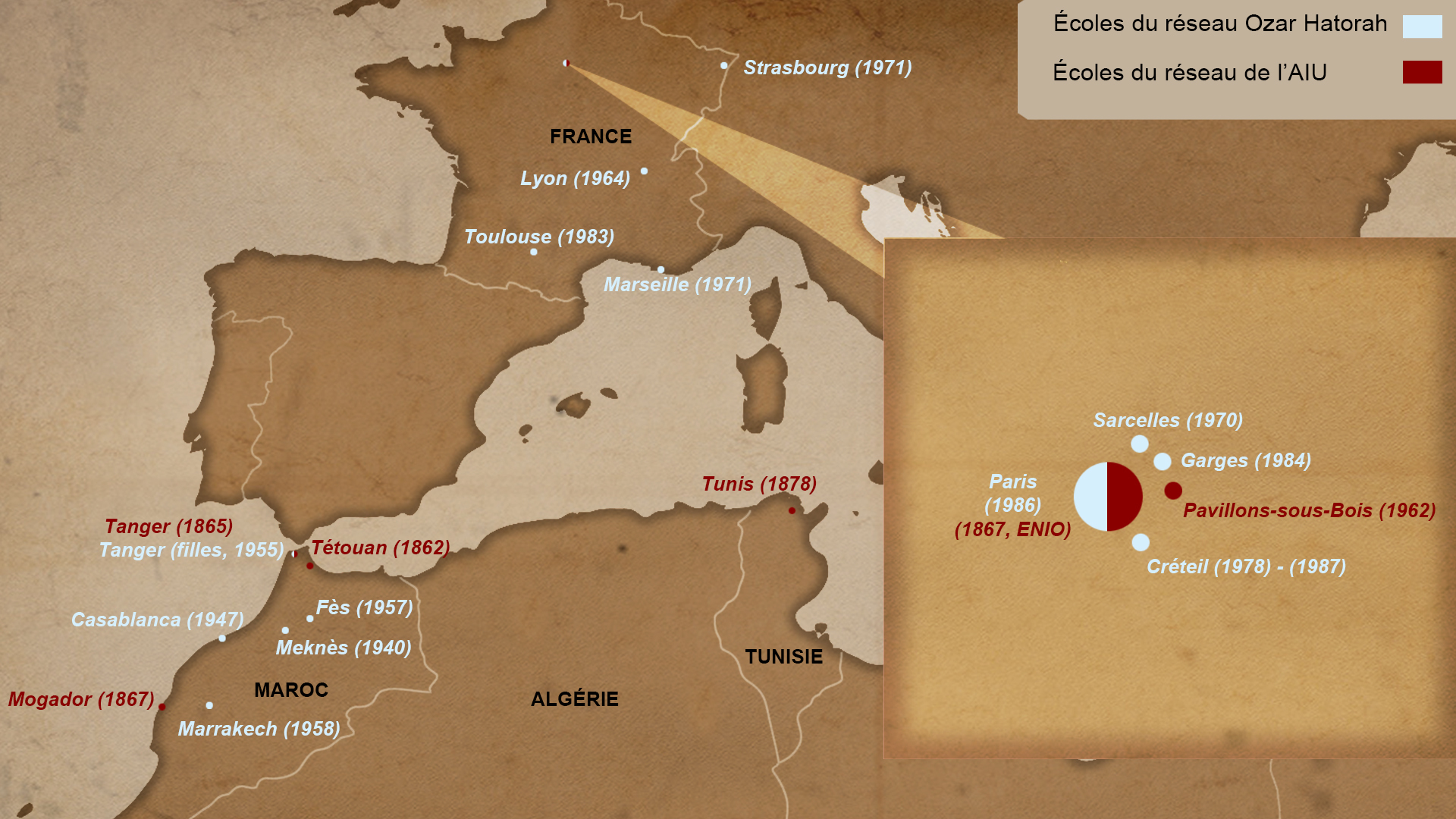 Carte du réseaux des écoles de l’Alliance israélite universelle et d’Ozar Hatorah