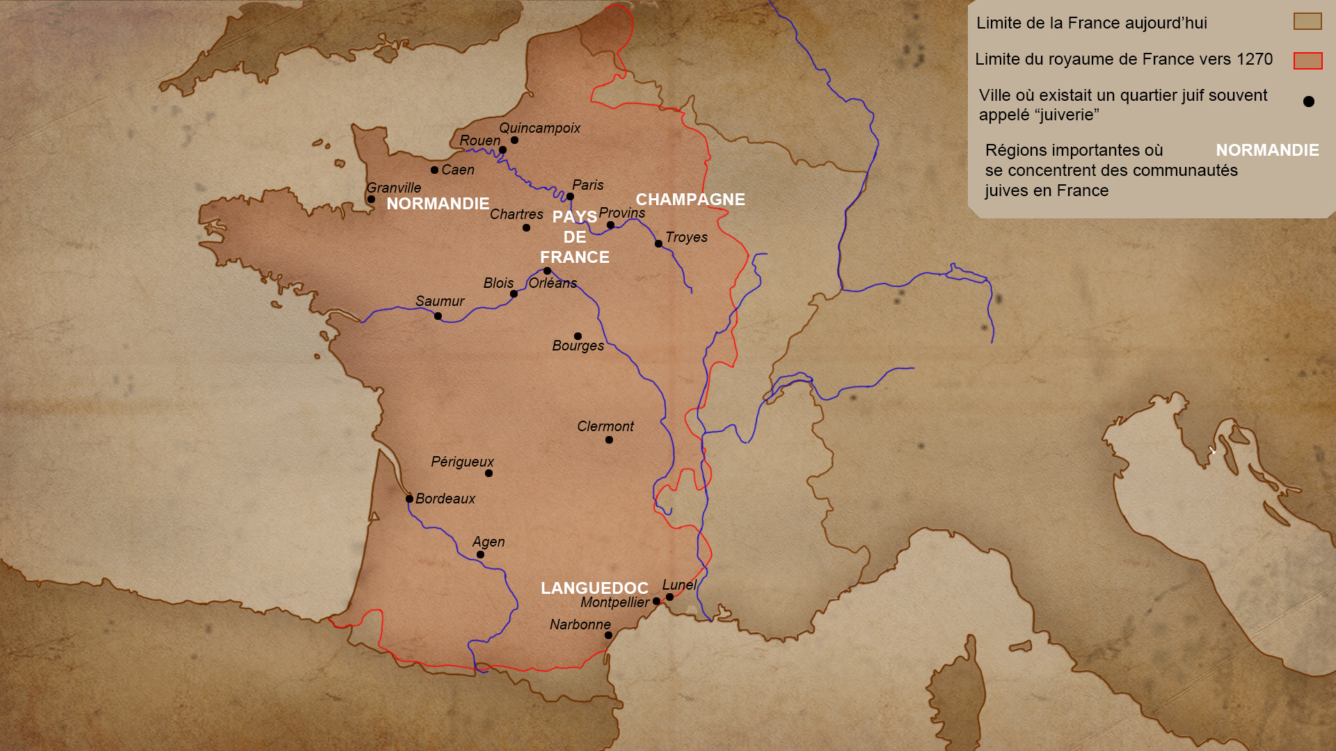 Carte des principaux lieux d’habitation juive en France au 13e siècle