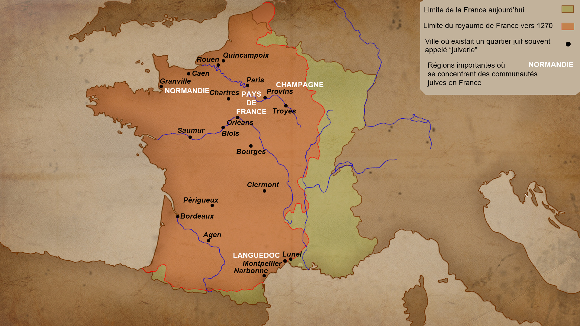 Carte des lieux de la vie juive sous Louis IX