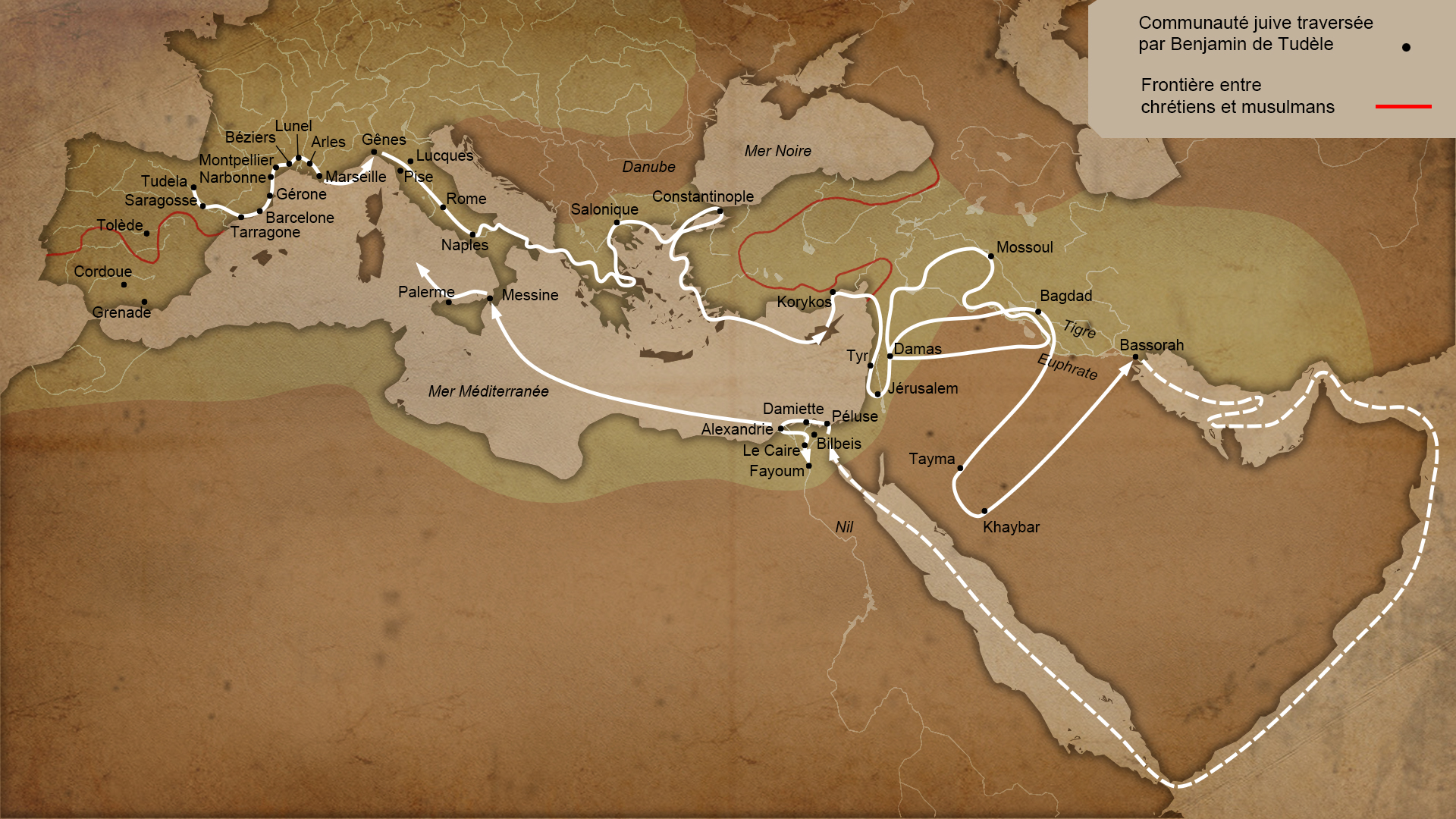 Carte du parcours de Benjamin de Tudèle, 12e siècle