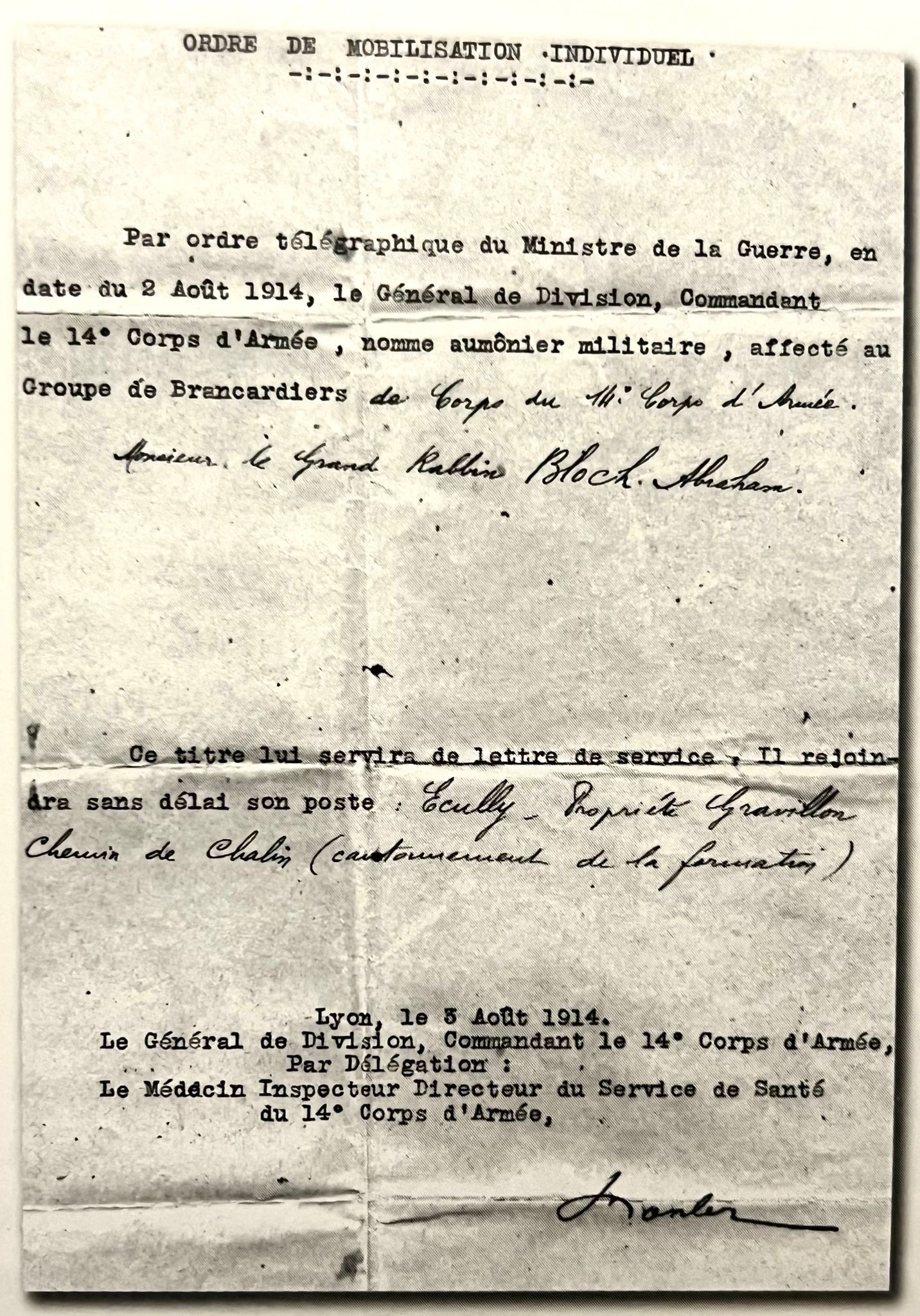 Ordre de mobilisation individuelle le 5 août 1914 du Grand Rabbin Abraham Bloch