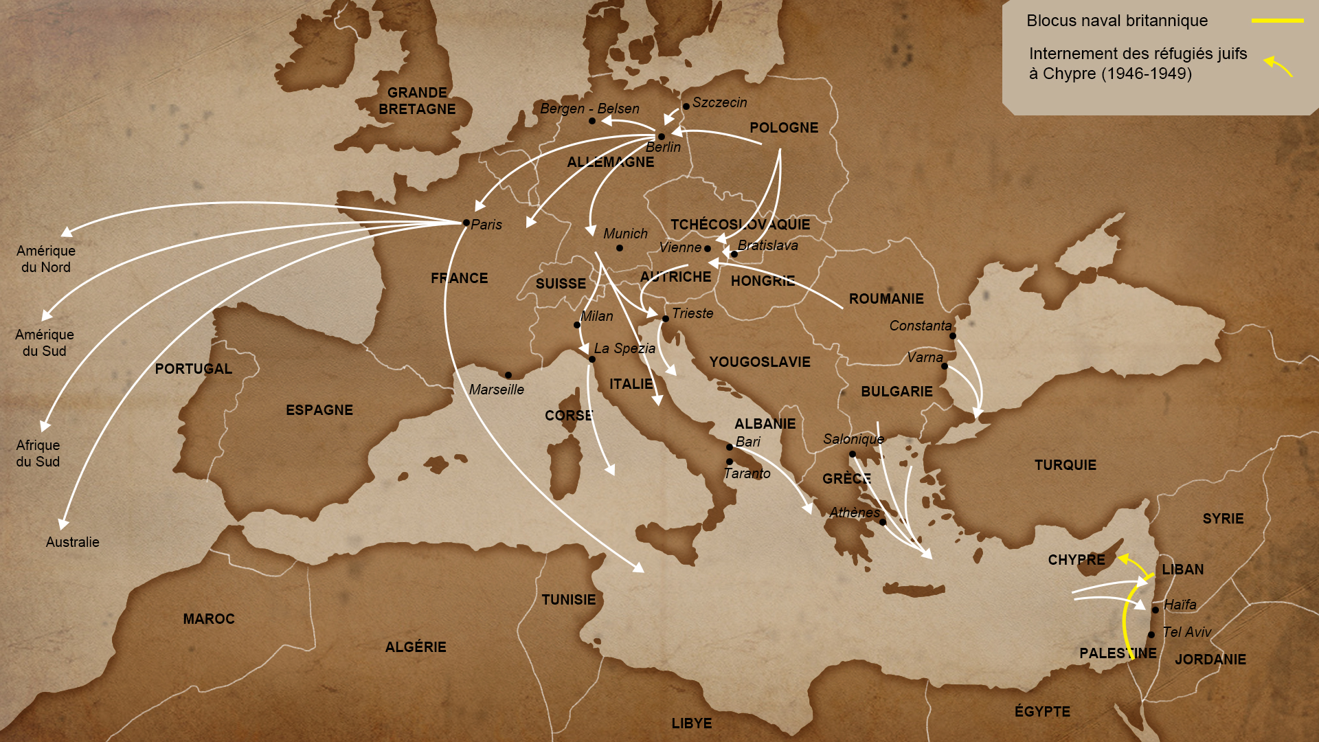 Carte Immigration des réfugiés juifs entre 1945 et 1949
