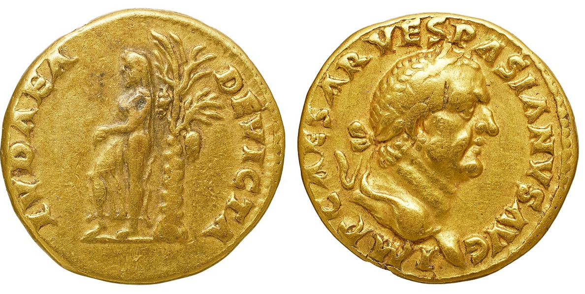 Pièce de monnaie « La Judée vaincue » et effigie de l’empereur Vespasien, c 80