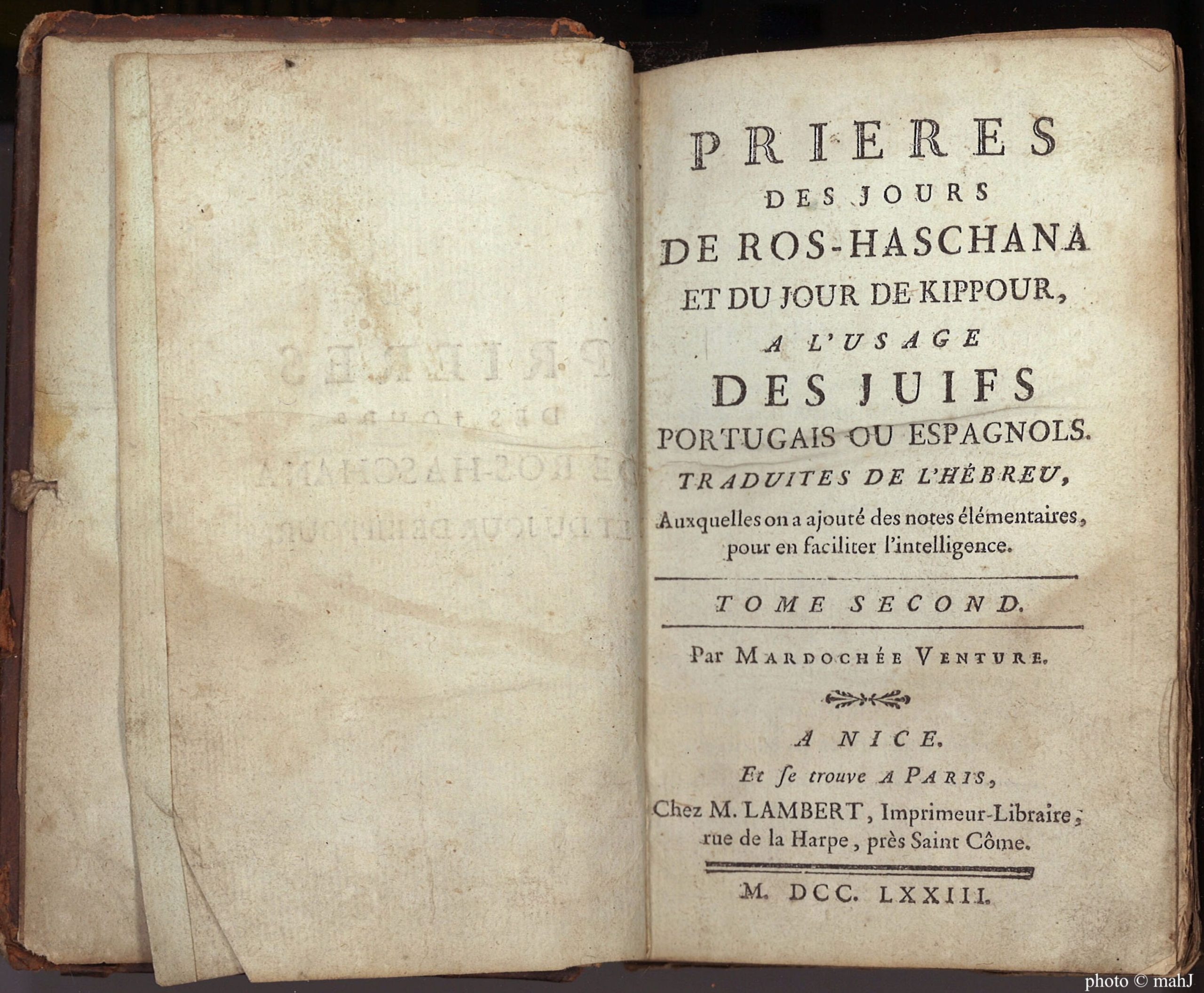 Livre de prière édité par Mardochée Venture 18e siècle, 1773