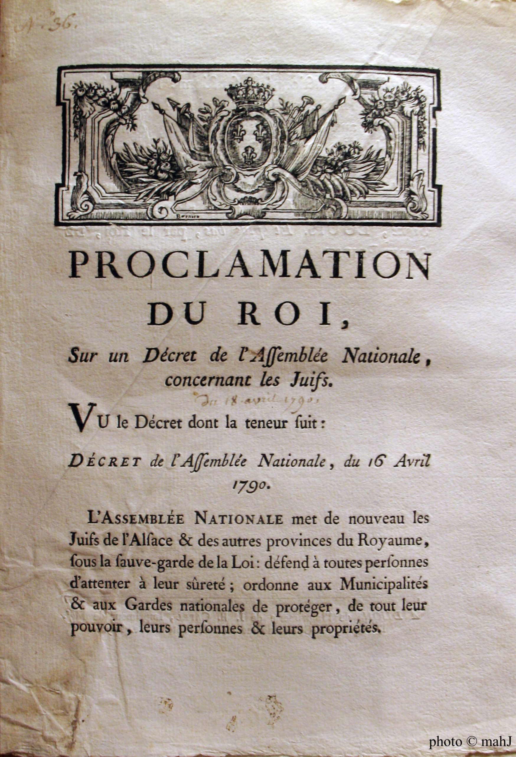 Proclamation du roi Louis XVI  de 1790 sur un décret de l’Assemblée Nationale concernant les Juifs