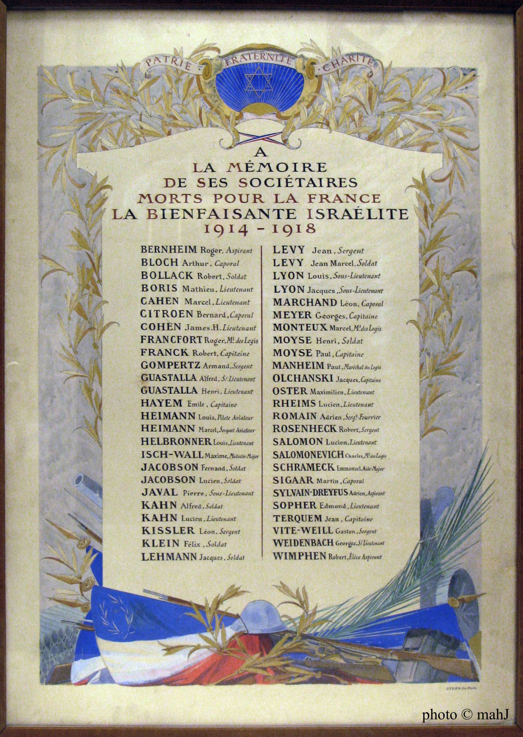 A la mémoire de ses sociétaires morts pour la France, La Bienfaisante israélite – 1914-1918