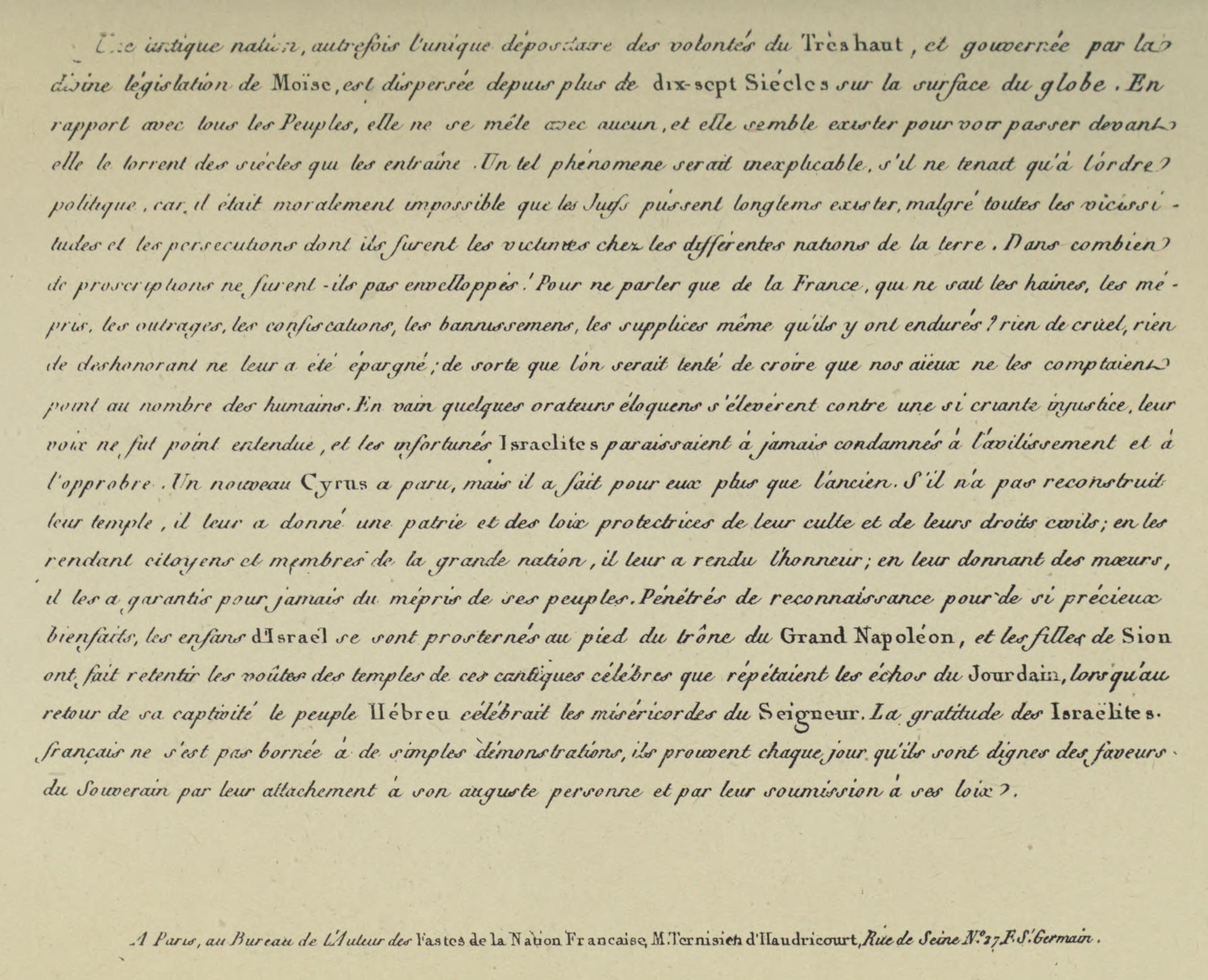 NAPOLÉON LE GRAND rétablit le culte des Israélites, le 30 Mai 1806. par Louis François Couché (texte)